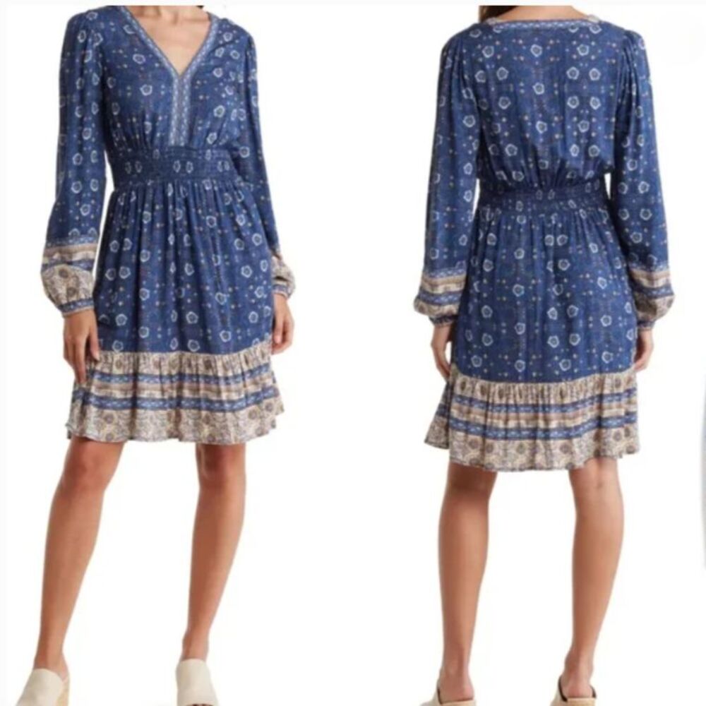 Lucky Brand Boho Floral Mini Dress Blue Smocked Waist V-Neck Longe Sleeve L READ
